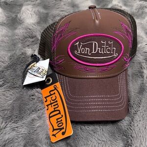 Von Dutch Faux-Leather Brown/Pink Trucker Hat